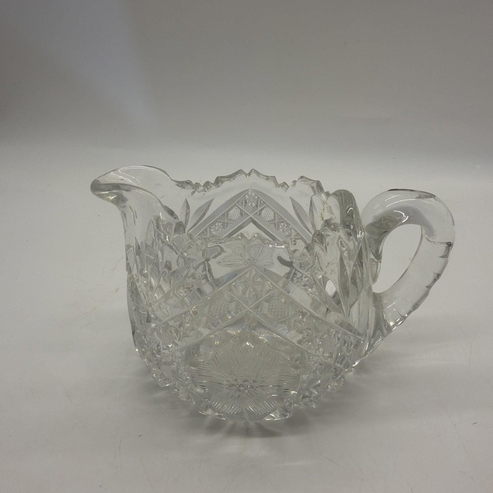 Antique American Brilliant Cut Glass Creamer Saw Tooth Rim Clear Oval Glassware